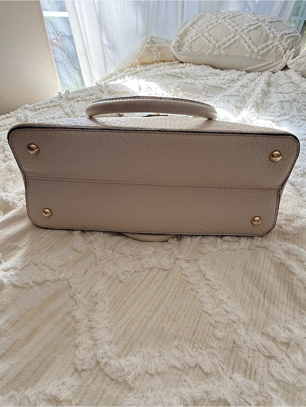 Structured Cream Satchel Handbag with Gold-Tone Accent
